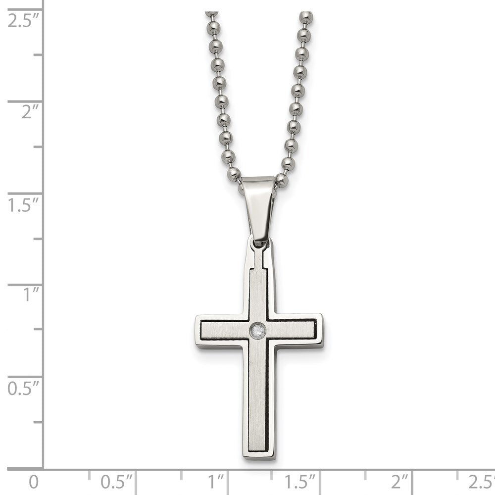 Stainless Steel Brushed & Polished w/.03ct Diamond Cross 22 inch Necklace