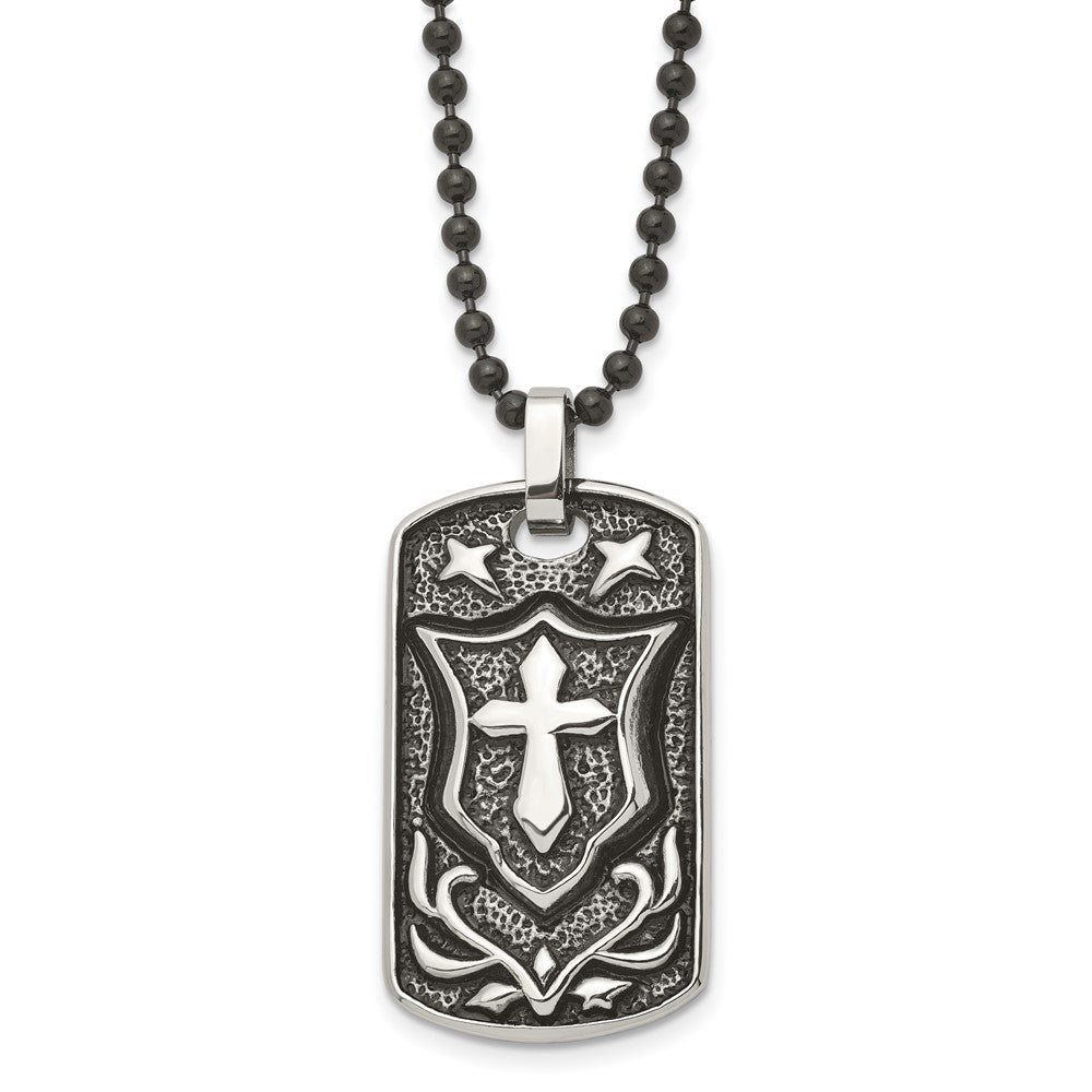 Stainless Steel Antiqued Polished & Textured Cross Dog Tag 24in Necklace