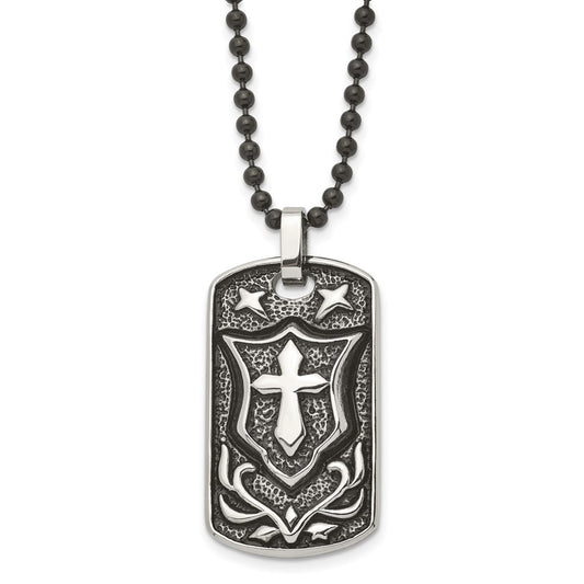 Stainless Steel Antiqued Polished & Textured Cross Dog Tag 24in Necklace