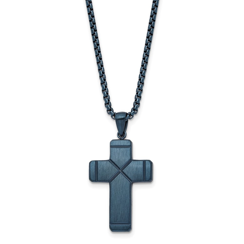 Stainless Steel Brushed and Polished Blue IP Plated Cross 19.75in Necklace