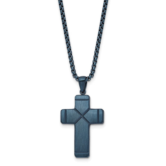 Stainless Steel Brushed and Polished Blue IP Plated Cross 19.75in Necklace