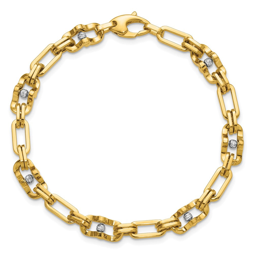 14K w/Wht RH Polished D/C Moveable Beaded Link Bracelet 7.5  inches