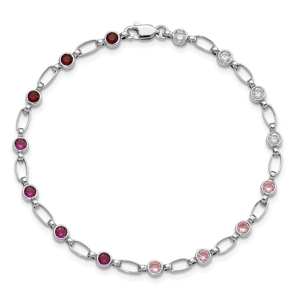 Sterling Silver Rhodium-plated Polished Red Pink Clear CZ Bracelet 7.25 inches