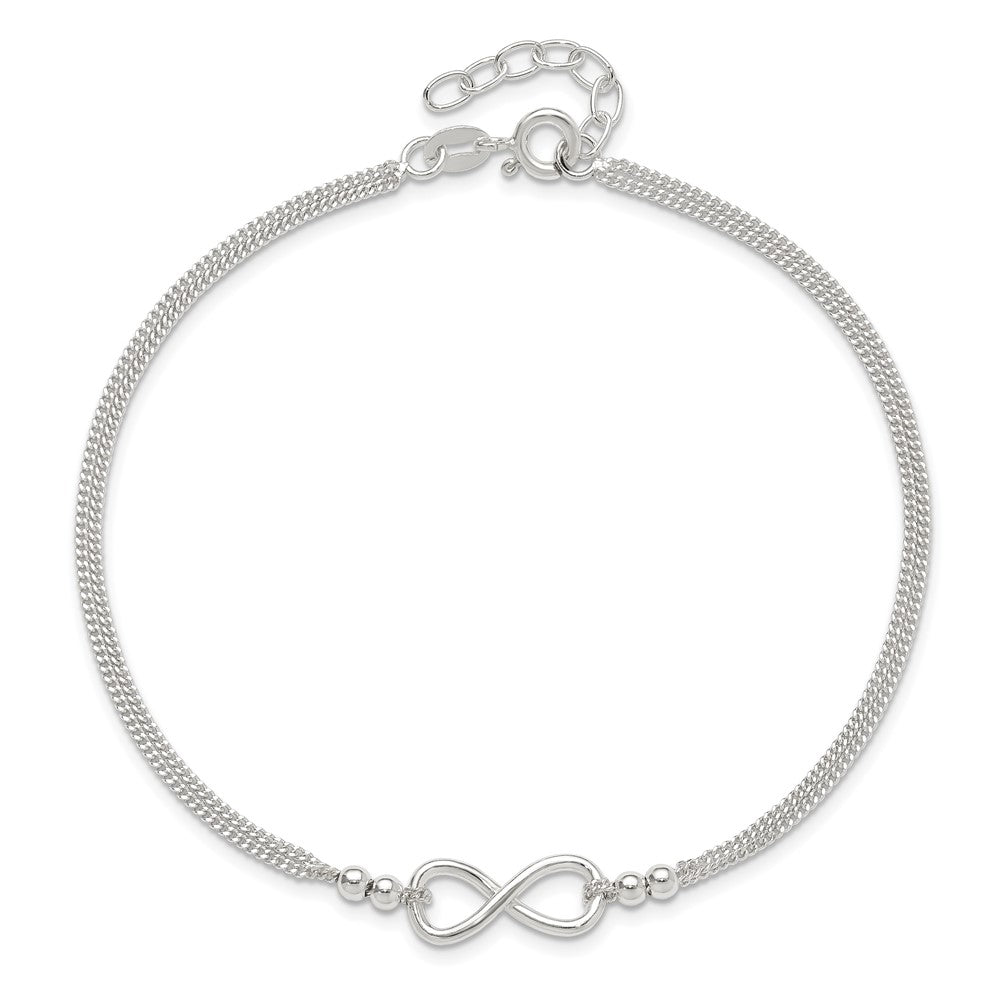 Sterling Silver 2-Strand Beaded Infinity Symbol 9in Plus 1in ext. Anklet 9 inches