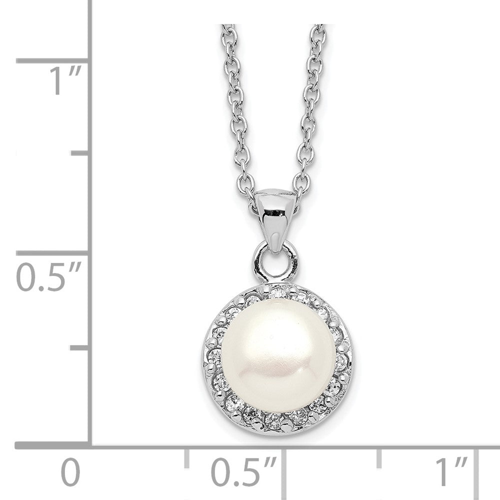 Sterling Silver Rhodium-plated 7-8mm White Button Freshwater Cultured Pearl and CZ 17 inch Necklace 17 Inches