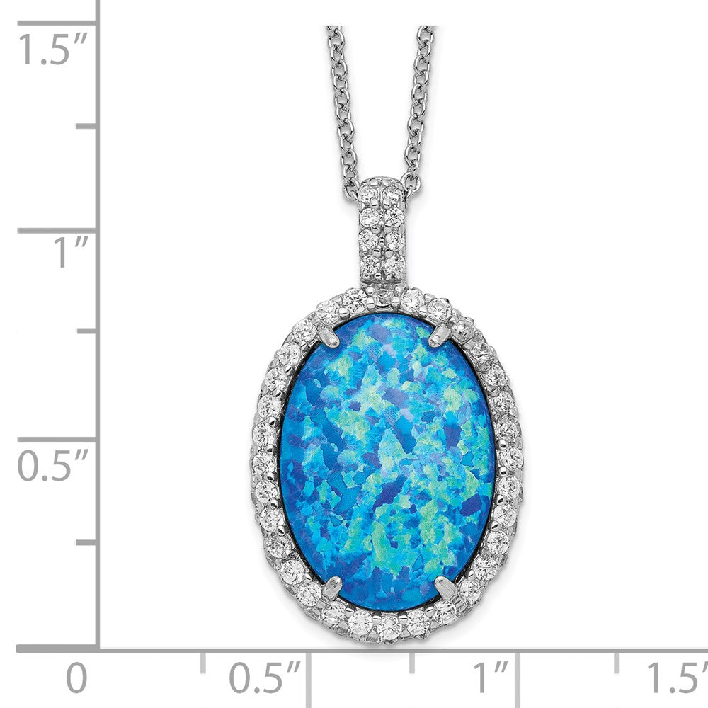 Cheryl M Sterling Silver Rhodium-plated Cabochon Lab Created Blue Opal and Brilliant-cut CZ Oval 18.5 Inch Necklace 18.5 Inches
