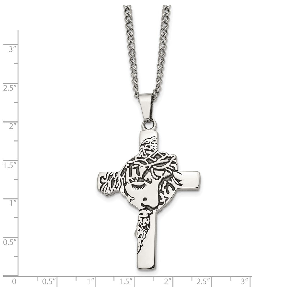 Stainless Steel Antiqued and Polished Jesus Face Cross 24in Necklace