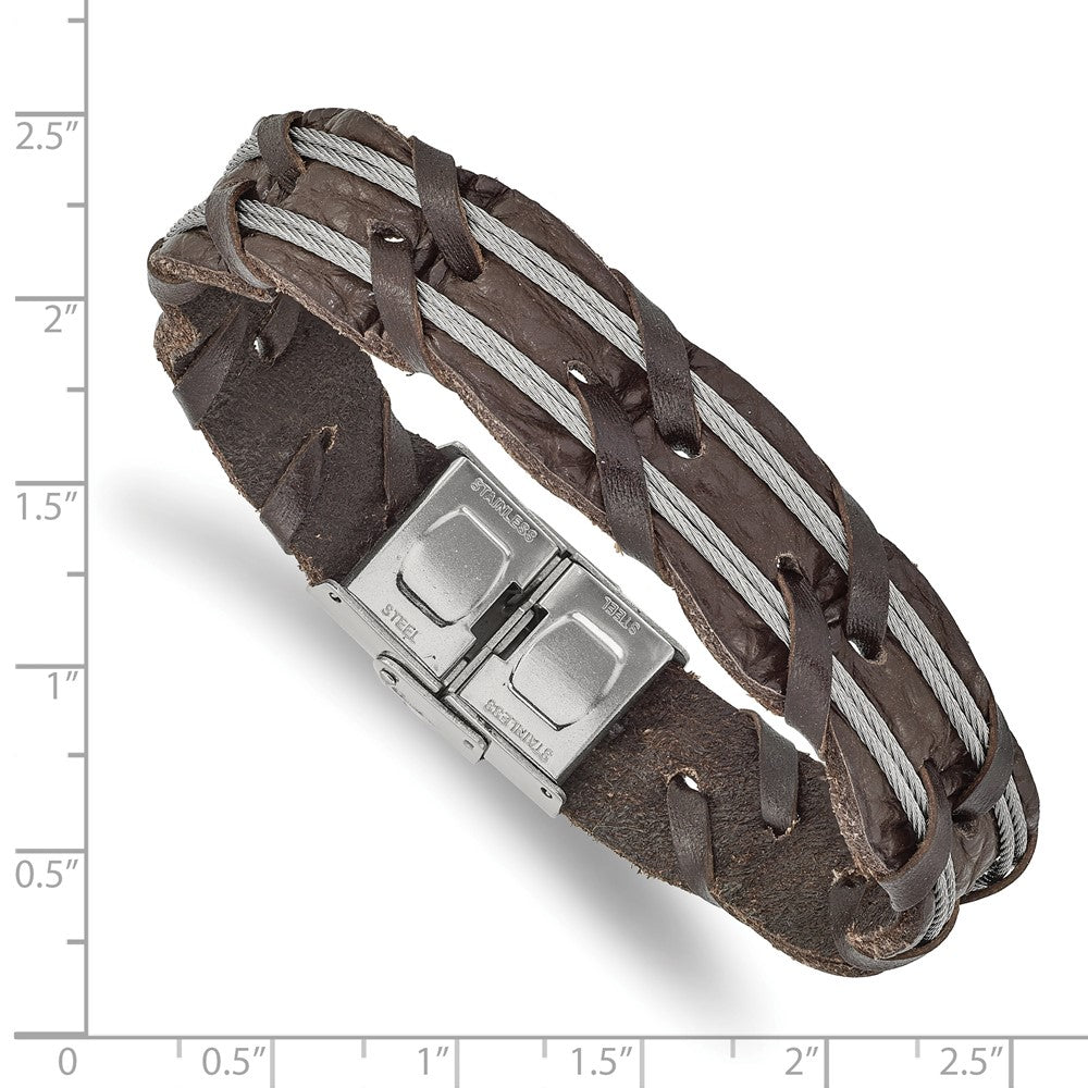Stainless Steel Polished Cable and Brown Leather 8.5in Bracelet 8.5 inches