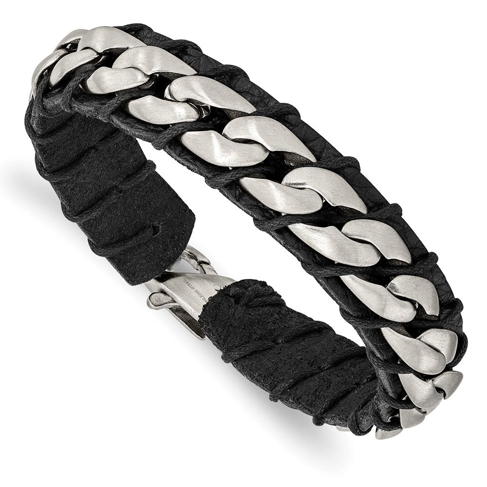 Stainless Steel Brushed Chain and Black Leather 8.5in Bracelet 8.5 inches