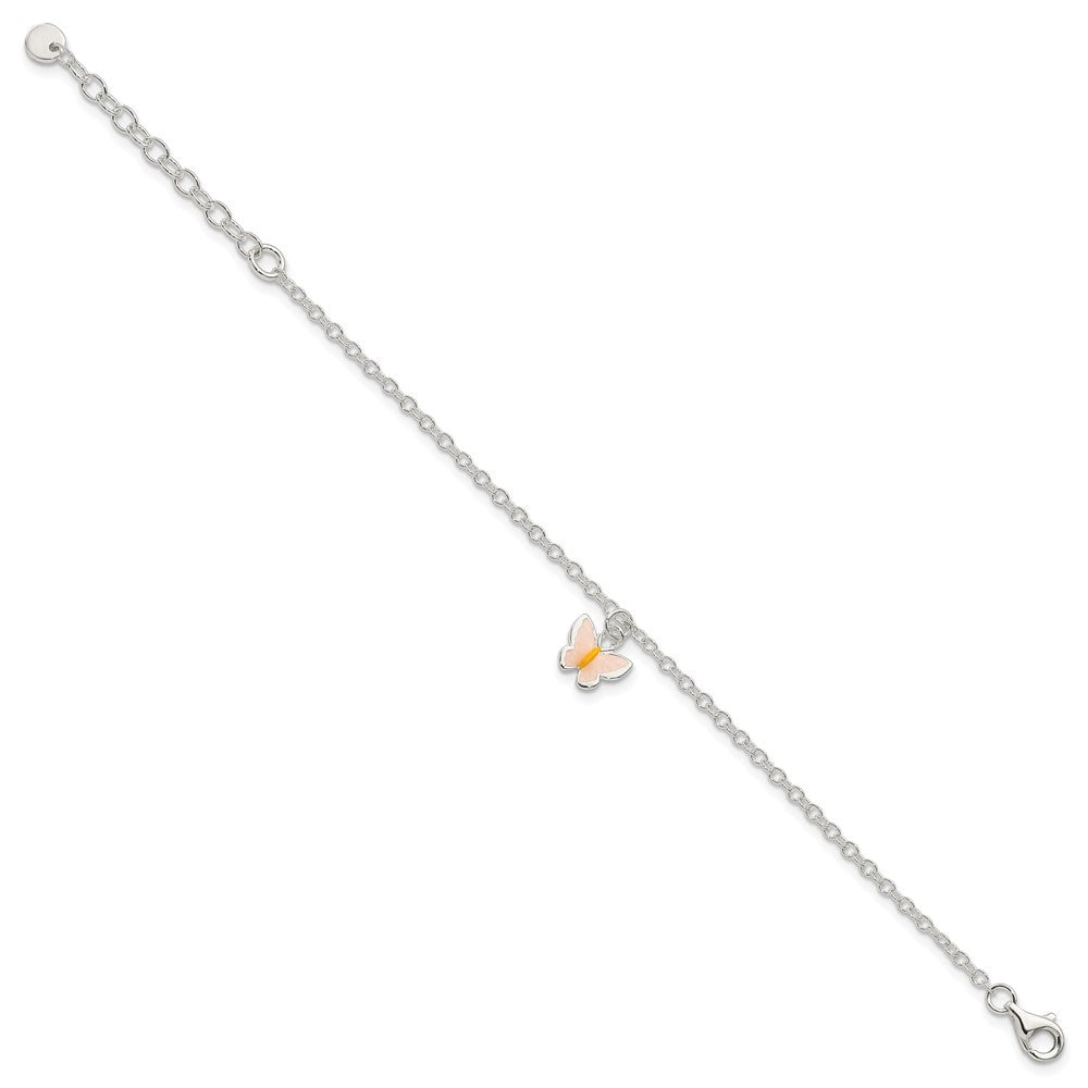 Sterling Silver Polished Enamel Butterfly w/ 1.5in ext. Childrens Bracelet 7 inches