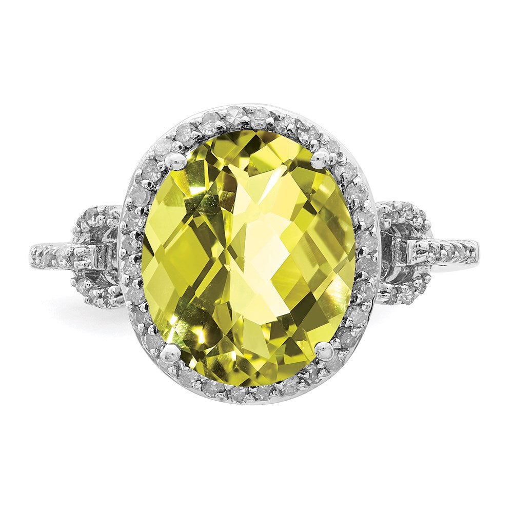Sterling Silver Rhodium Oval Diam. & Checker-Cut Lemon Quartz Ring
