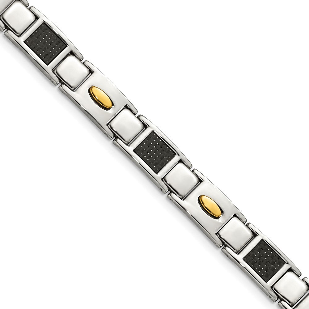 Stainless Steel Polished Yellow IP Black Carbon Fiber Inlay 9.25in Bracelet 9.5 inches