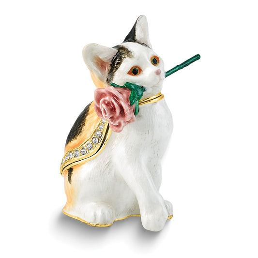 Luxury Giftware by Jere Bejeweled ROSEY RASCAL Cat with Rose Trinket Box with Matching 18 inch Necklace