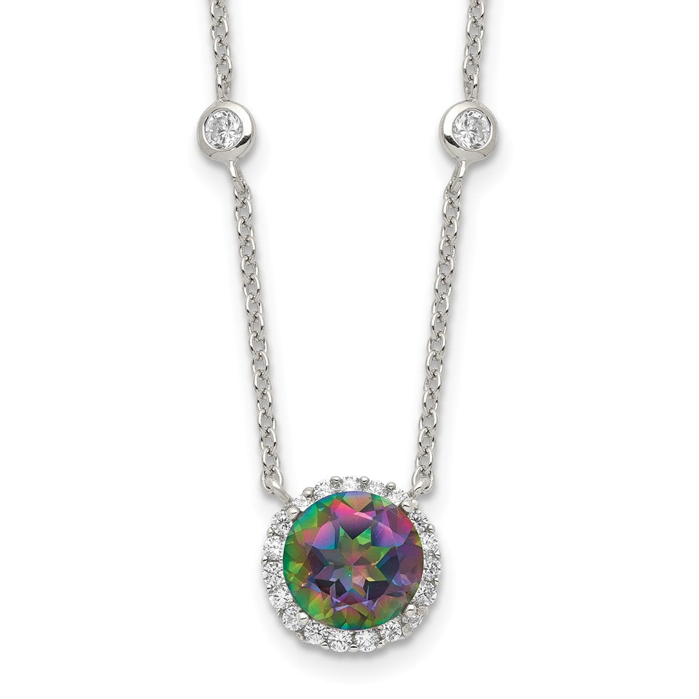 Sterling Silver RH-plated Dark Mystic CZ Halo Pendant on 10-Station Necklac 18 Inches