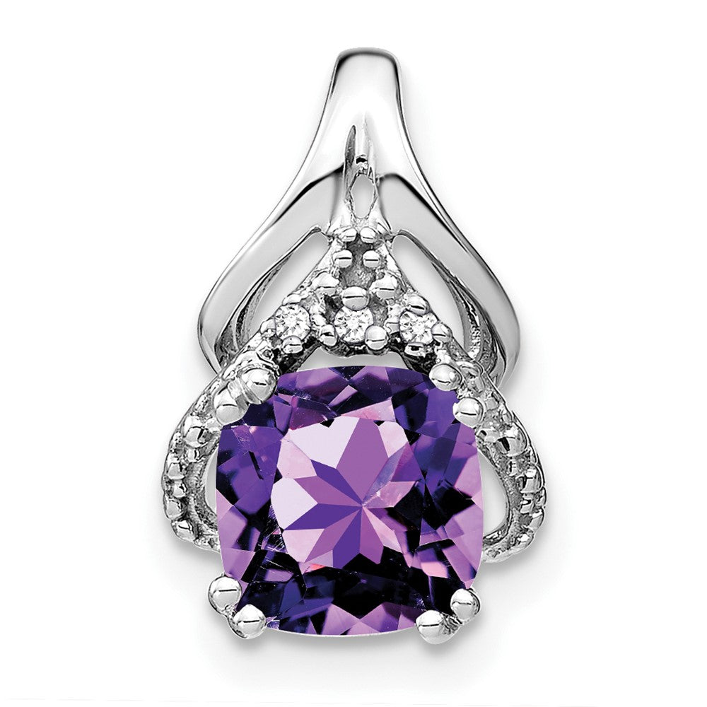 14k White Gold Cushion Amethyst and Diamond Pendant