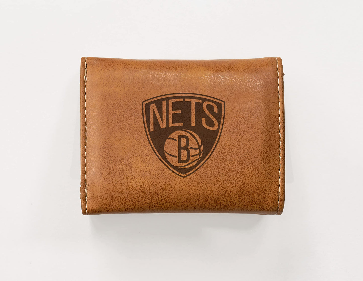 Basketball Rico Industries Brooklyn Nets Brown Laser Engraved Trifold Laser Engraved Tri-Fold Wallet - Men's Accessory