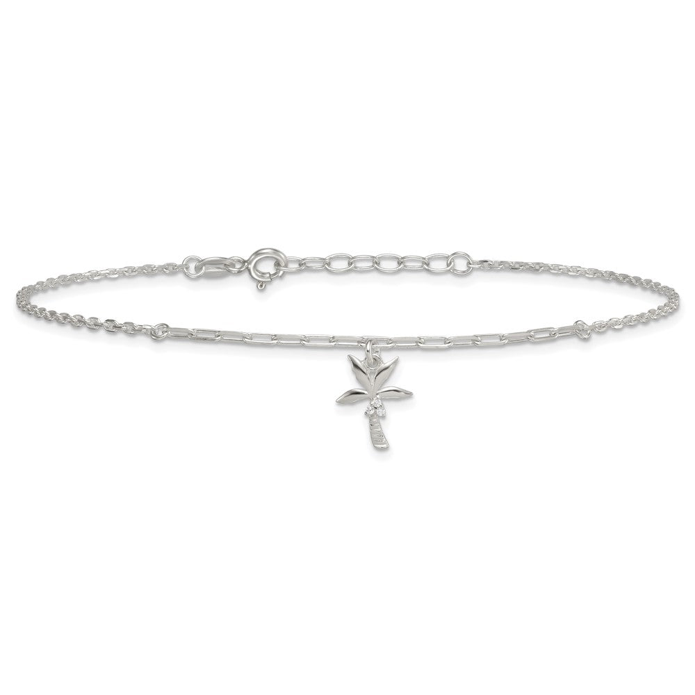 Sterling Silver Polished White CZ Palm Tree Dangle 9 inch with 1 inch Extension Anklet