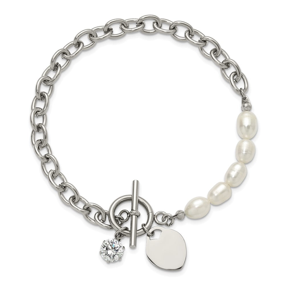 Chisel Stainless Steel Polished with Half White Freshwater Cultured Pearl and CZ Heart Dangle 8.25 inch Bracelet 8.25 inches