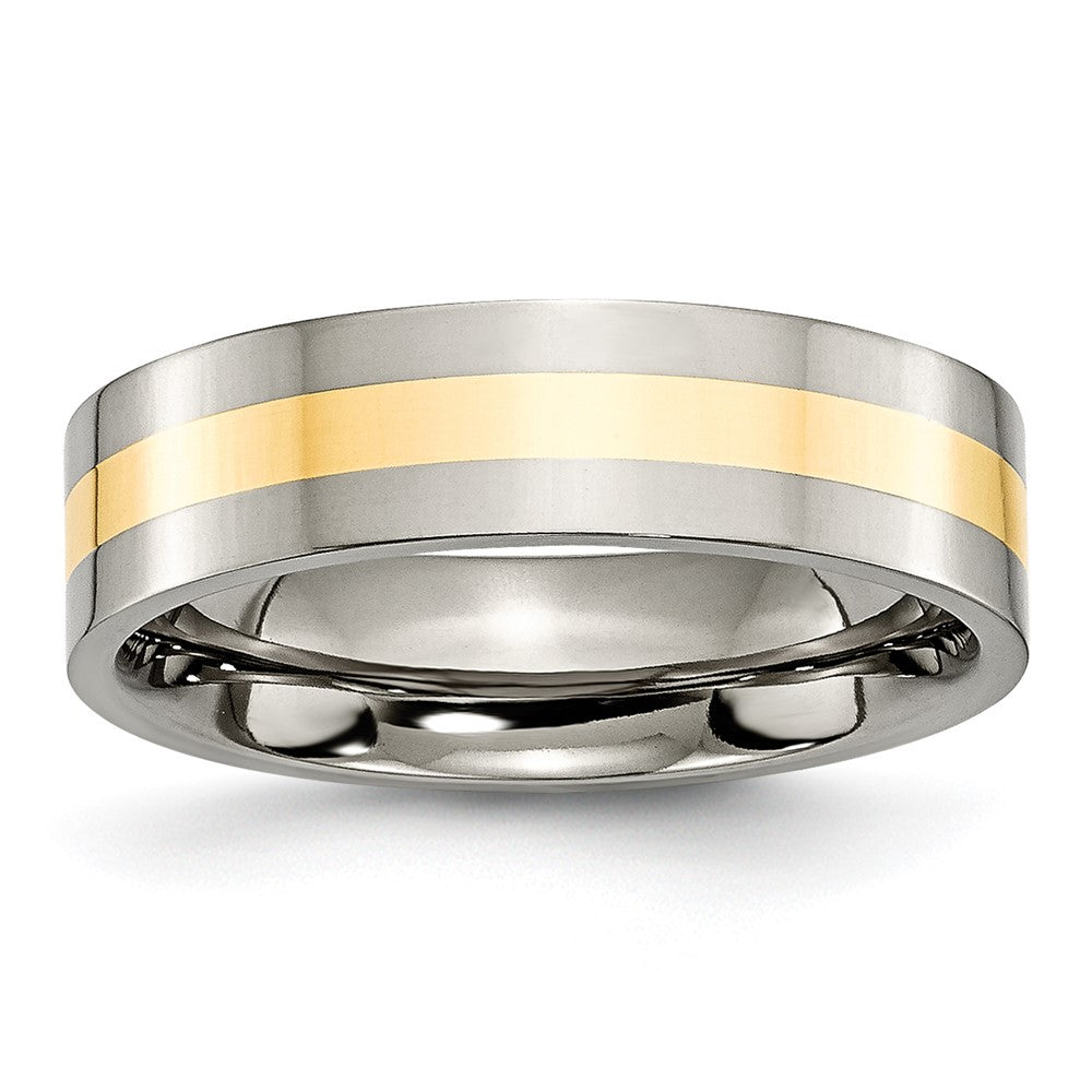 Titanium Polished w/14k Yellow Inlay 6mm Flat Band Size - 10