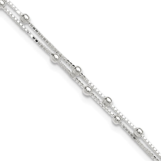 Sterling Silver Polished Beaded 2-strand 10 inch Plus 1 inch ext. Anklet