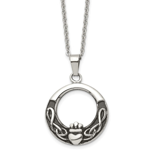 Stainless Steel Antiqued and Polished Claddagh 18in Necklace