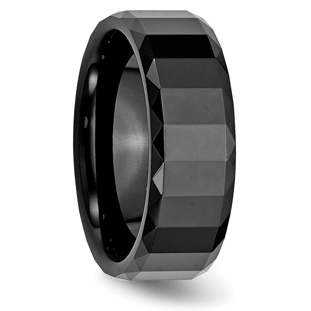 Ceramic Black Faceted 8mm Polished Beveled Edge Band Size - 9.5