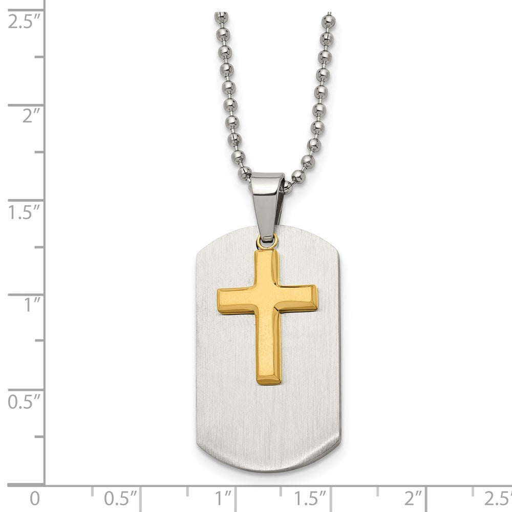 Stainless Steel Brushed & Polished Yellow IP-plated Cross Dog Tag 22in Neck