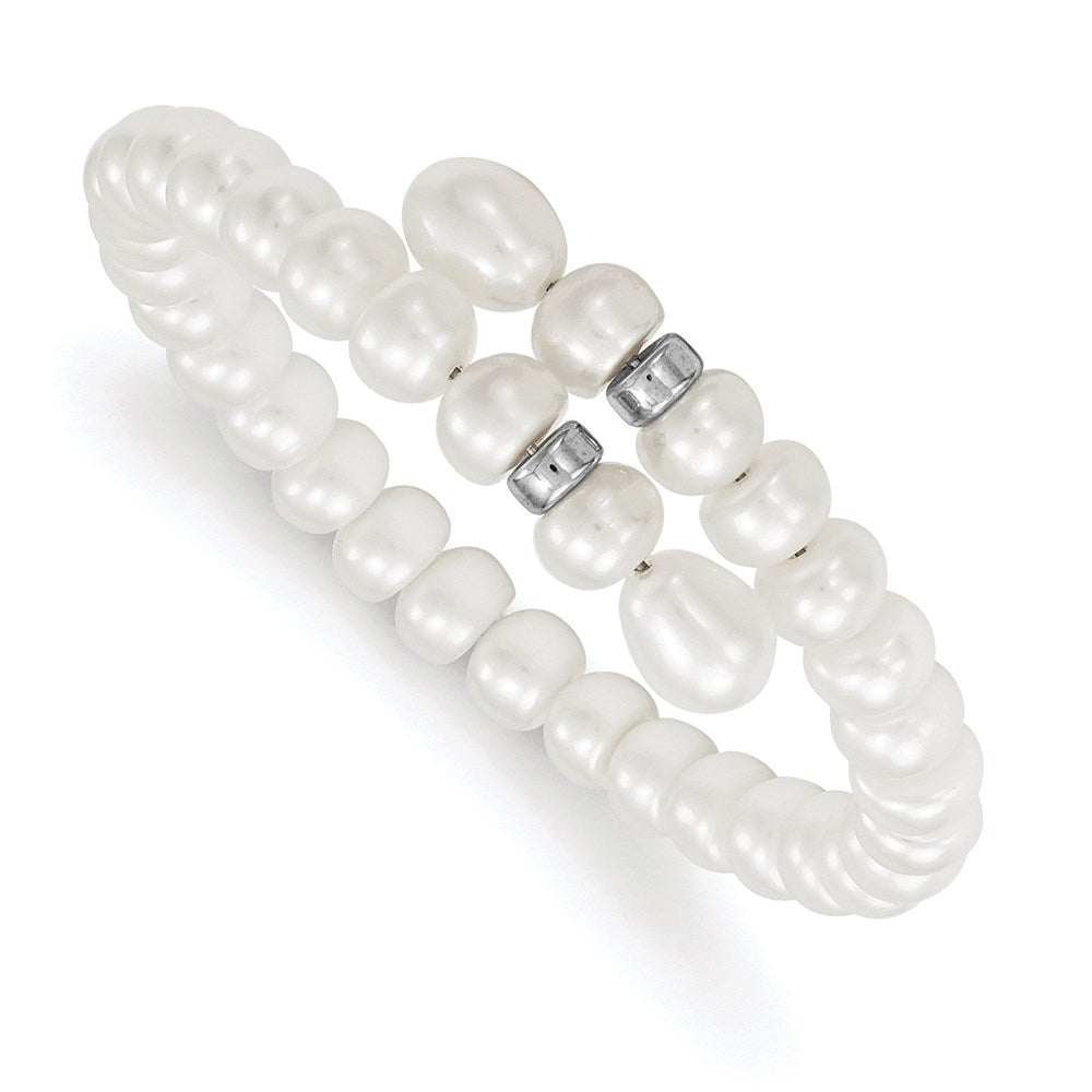 Sterling Silver Rhodium-plated 6-8mm White Button and Rice Freshwater Cultured Pearl Flexible 7.5 inch Bracelet 7.5 inches