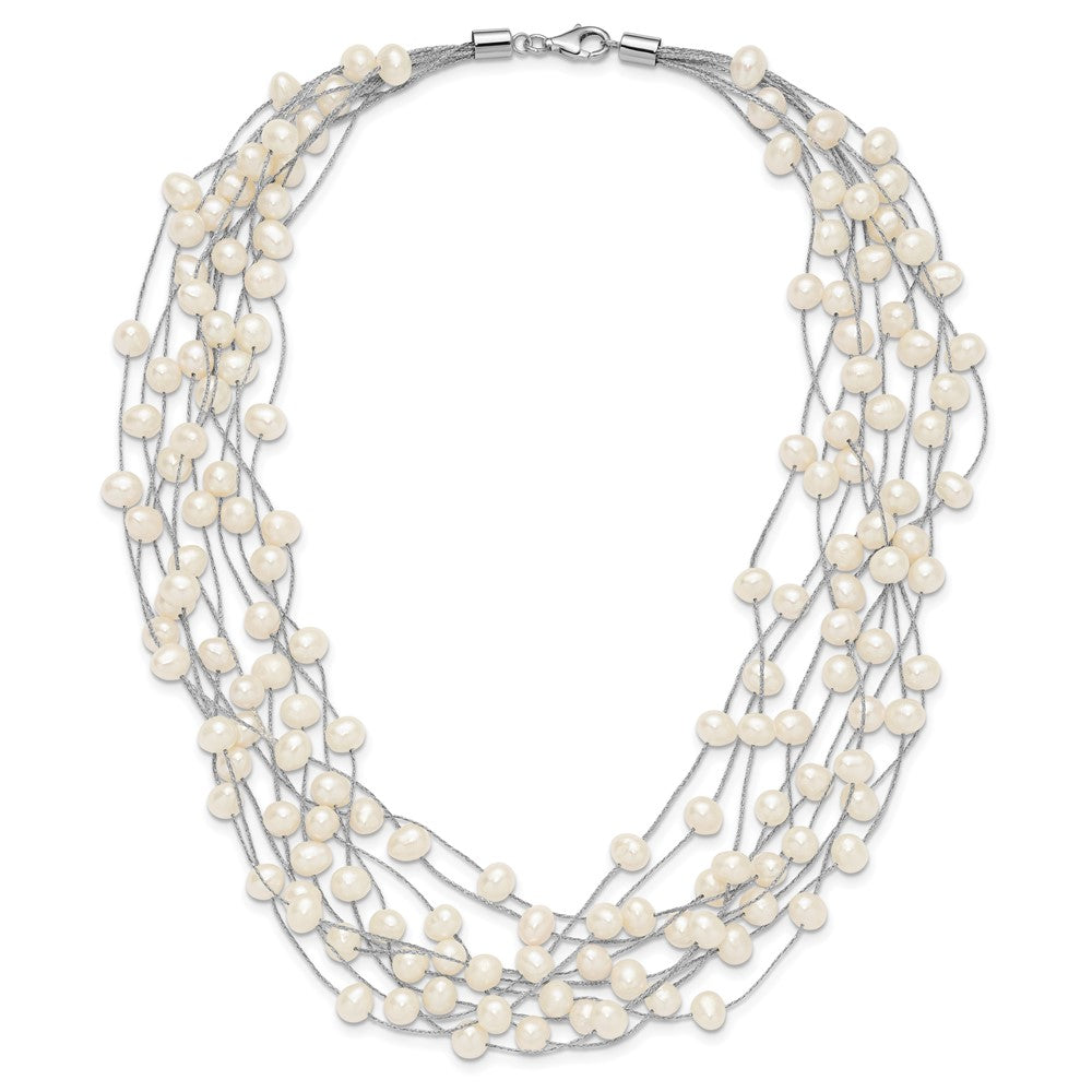 Sterling Silver Rhodium-plated 6-8mm White Semi-Round Freshwater Cultured Pearl Multi Strand 15 inch Necklace 15 Inches