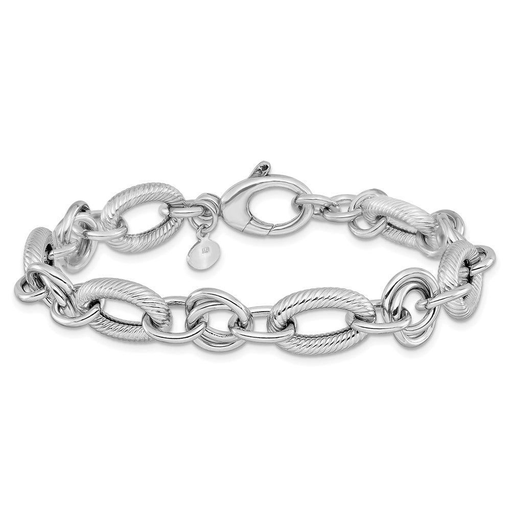 SS RH-plated Polished/Textured Fancy Link w/.25in ext. Bracelet 7.75  inches