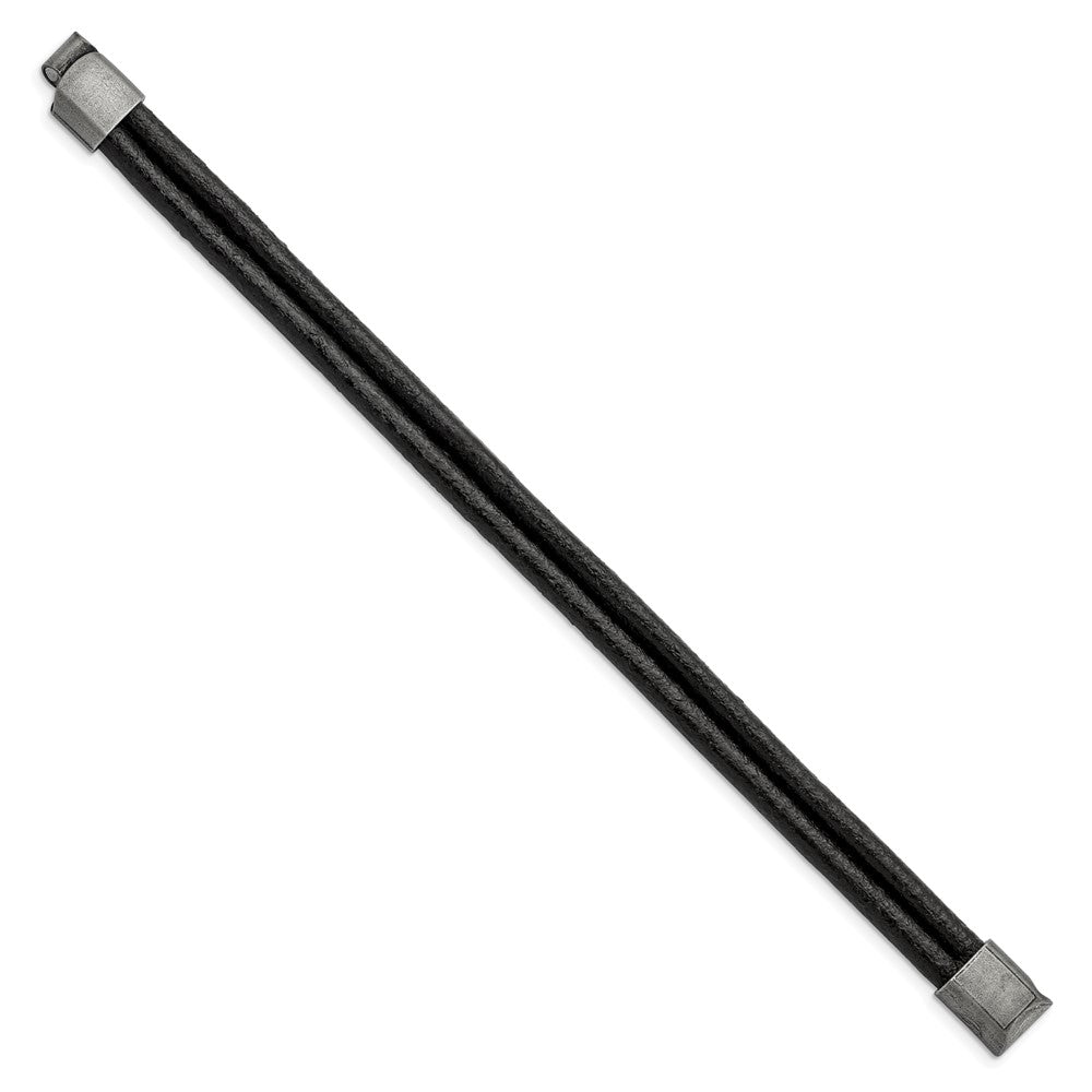Stainless Steel Antiqued Black Leather 2-Strand 8.25in Bracelet 8.25 inches