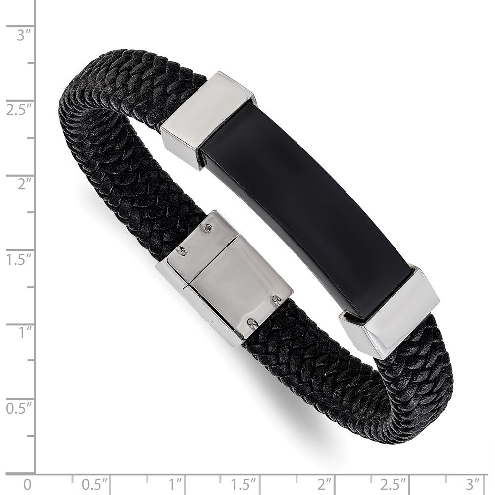 Stainless Steel Polished Black IP-plated Black Leather 8.5in Bracelet 8.5 inches