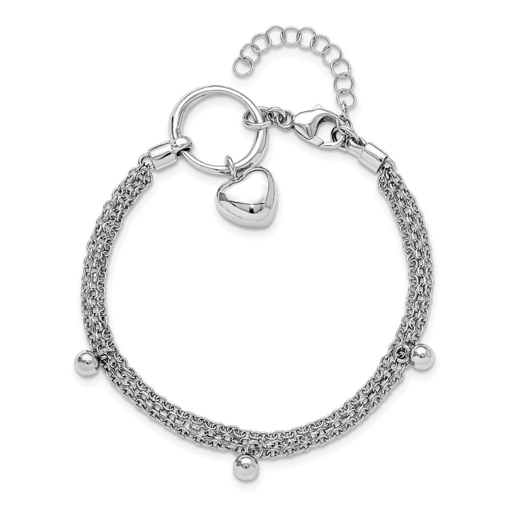 Sterling Silver Rh-plated Heart 3-strand w/ 1in ext. Bracelet 7  inches