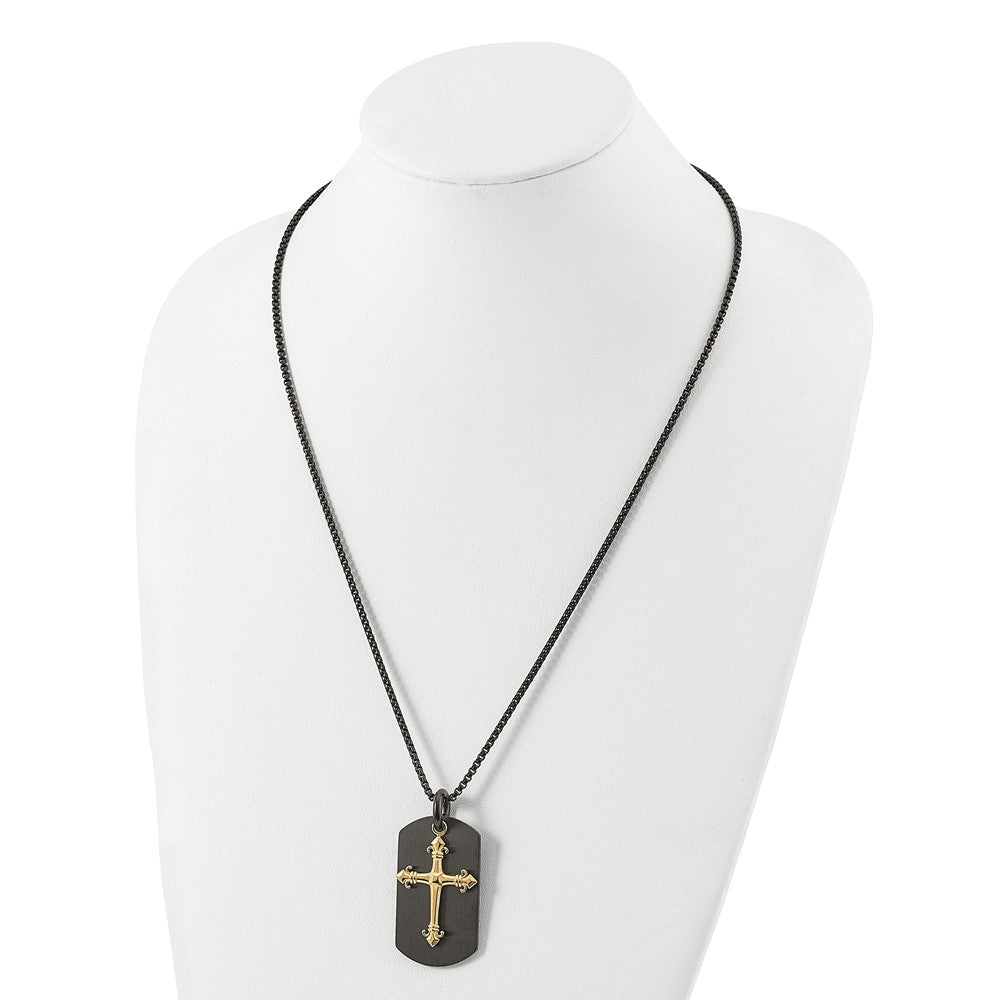 Stainless Steel Polished Black and Yellow IP Cross Dog Tag 24.75in Necklace