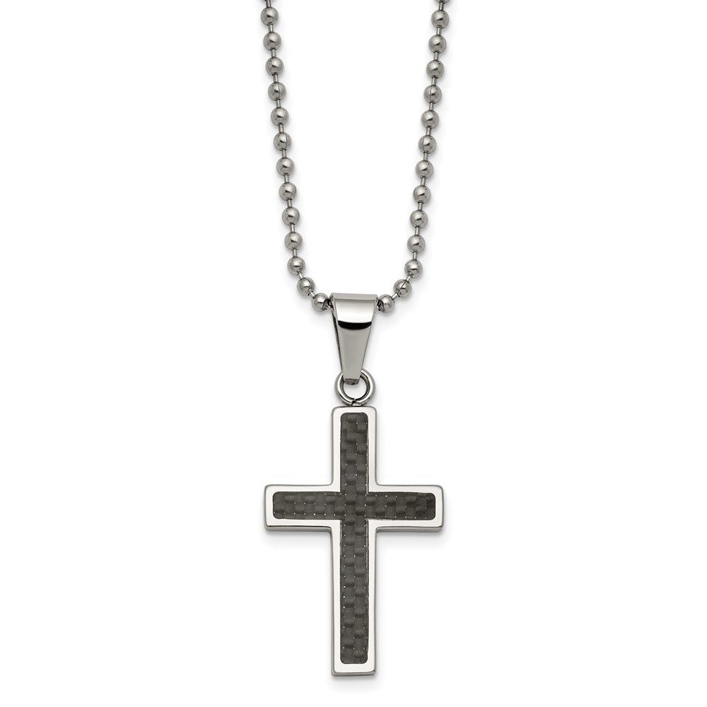 Stainless Steel Polished w/Carbon Fiber Inlay Cross 22in Necklace