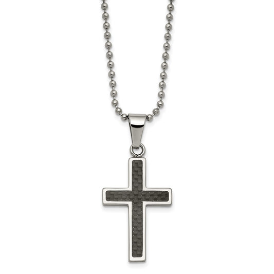 Stainless Steel Polished w/Carbon Fiber Inlay Cross 22in Necklace