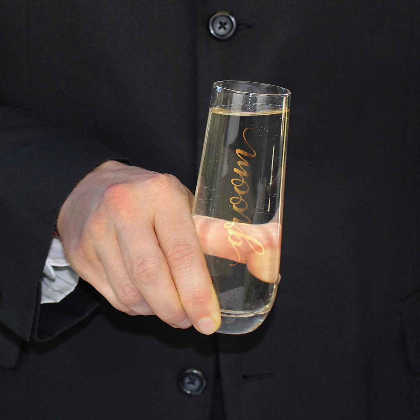 Lillian Rose Gold Groom Stemless Champagne Glass, 8oz, Clear