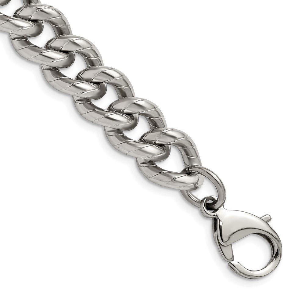 Stainless Steel Polished and Textured 14.5mm Curb 8in Bracelet 8 inches