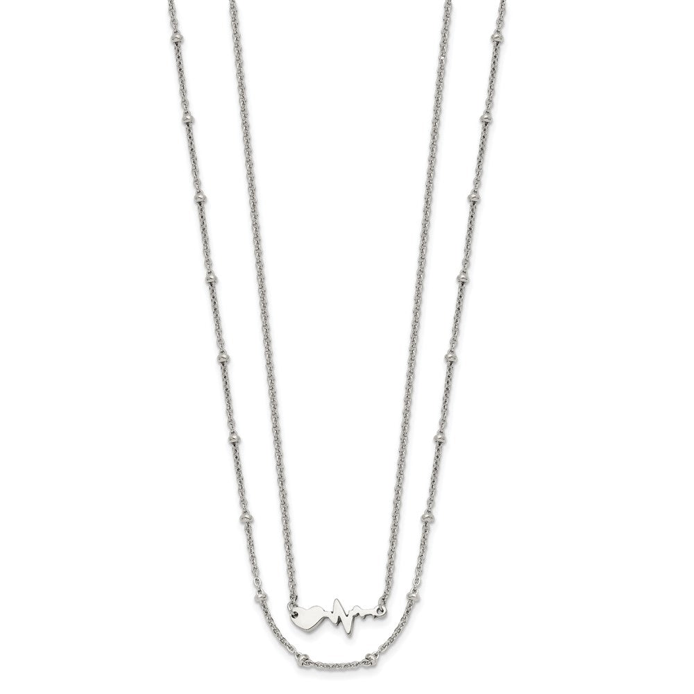 Stainless Steel Polished 2-Strand Heartbeat w/1.75in ext. 17in Necklace