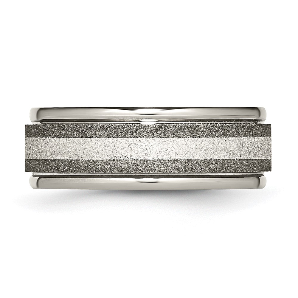 Titanium Polished w/Sterling Silver Inlay Stone Finish Center Grooved Band Size - 8.5
