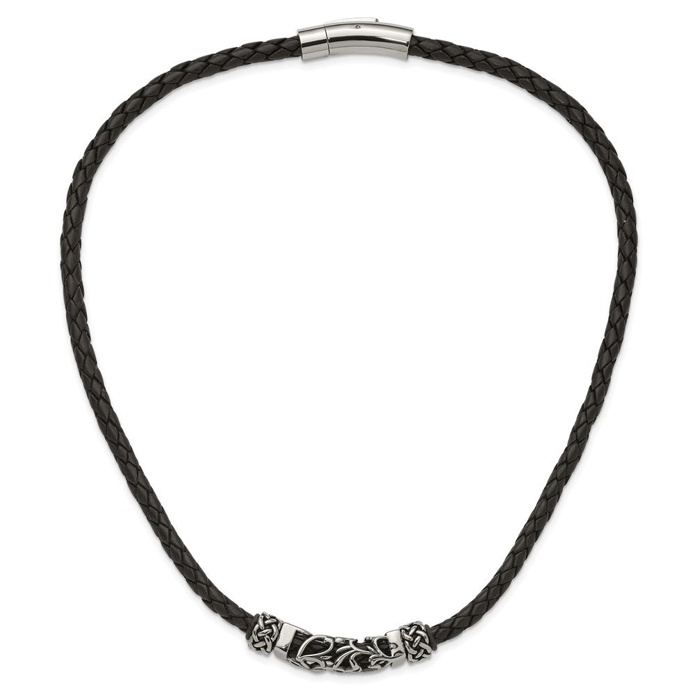 Stainless Steel Black Leather w/Antiqued Beads 19.75in Necklace