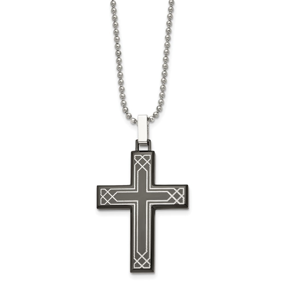 Stainless Steel Polished Laser Etched Black IP-plated Cross 24in Necklace