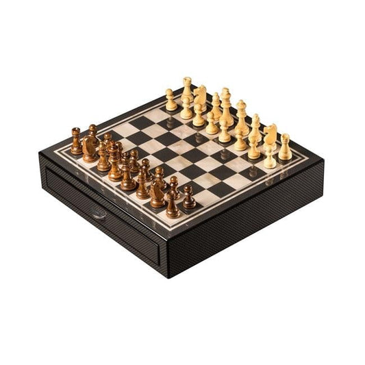 Bey-Berk International G551 Carbon Fiber & Mother of Pearl Design Chess Set with Accessory Drawers, Beige & Brown