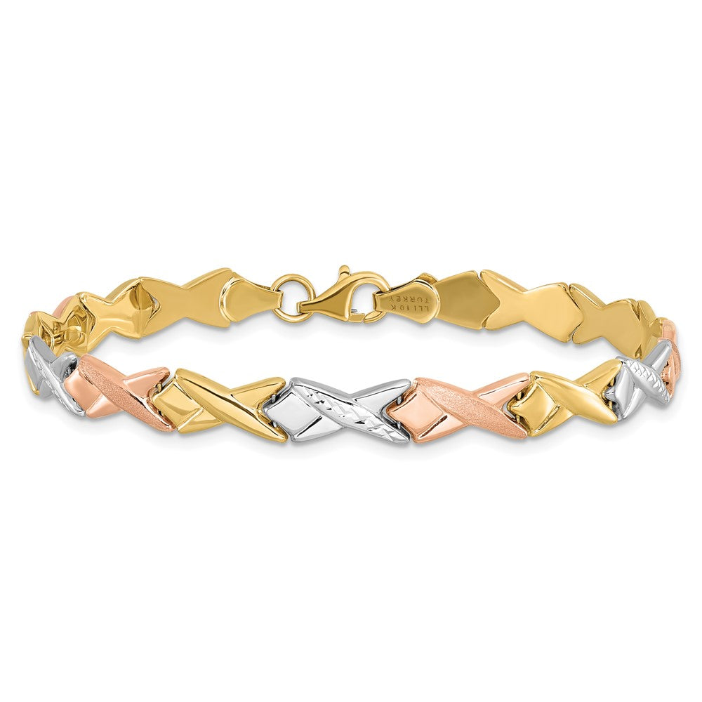 10k Tri-color Polished / Brushed and Diamond-cut  Bracelet 7.5  inches