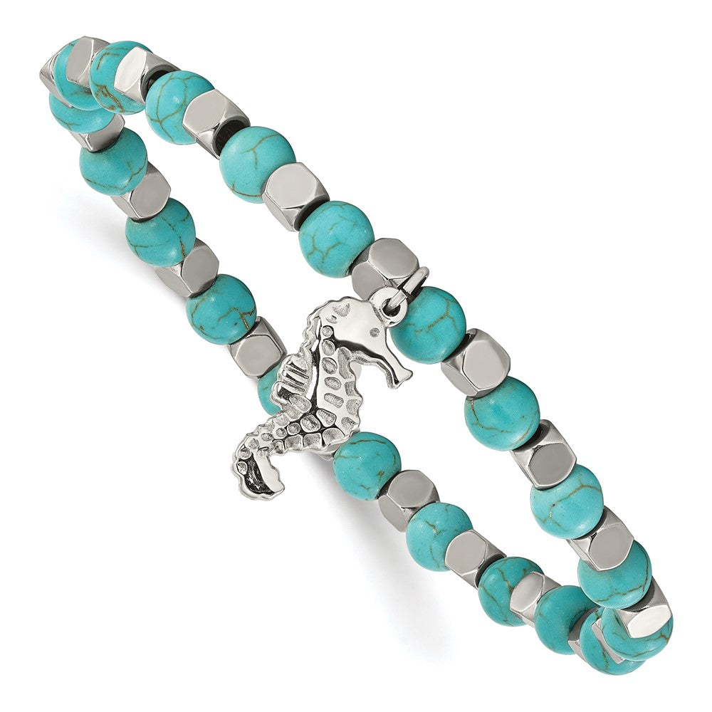 Stainless Steel Polished Imit. Turquoise Beaded Seahorse Stretch Bracelet 6.5 inches