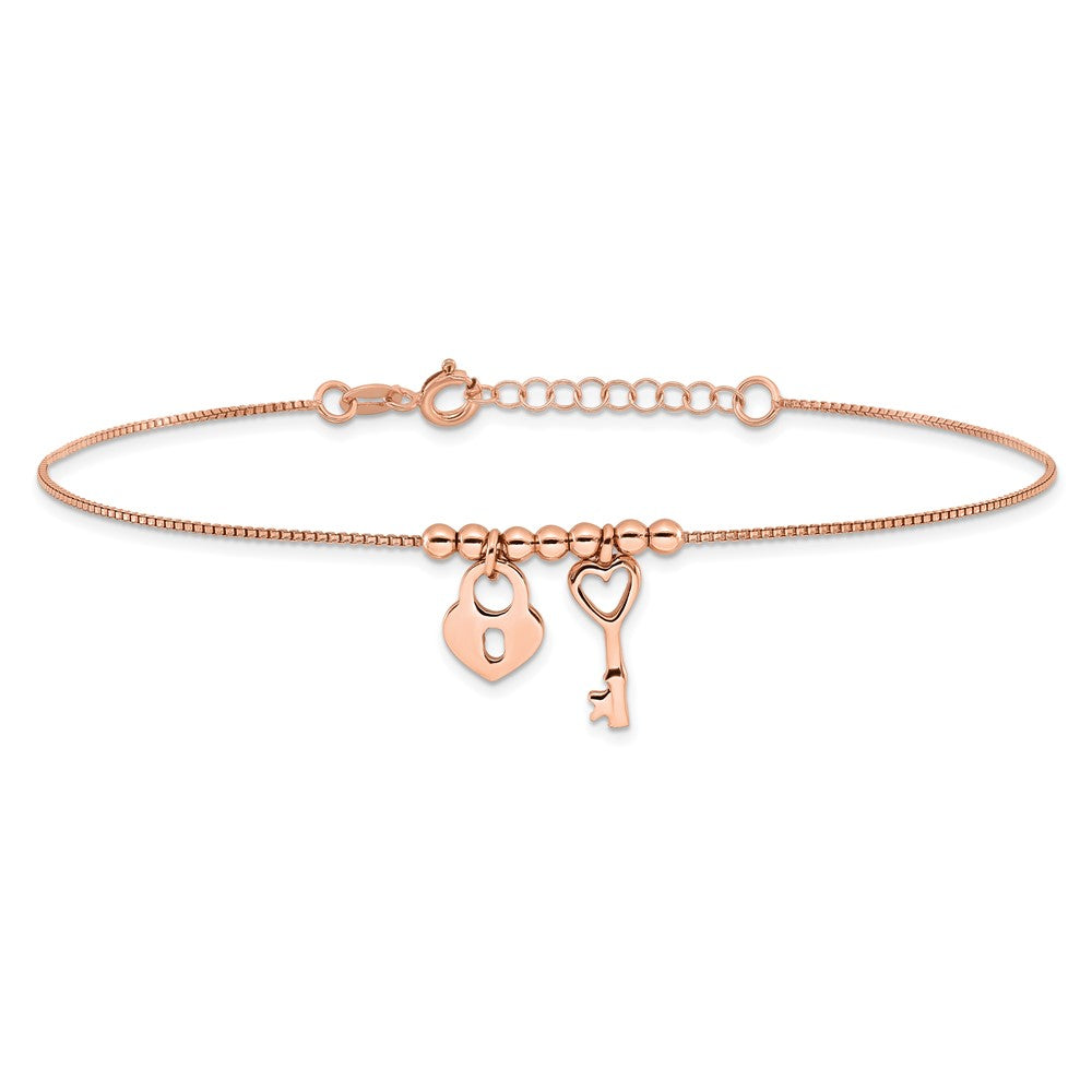 Sterling Silver Rose-tone Polished Heart Lock with 1in ext Anklet 9 inches