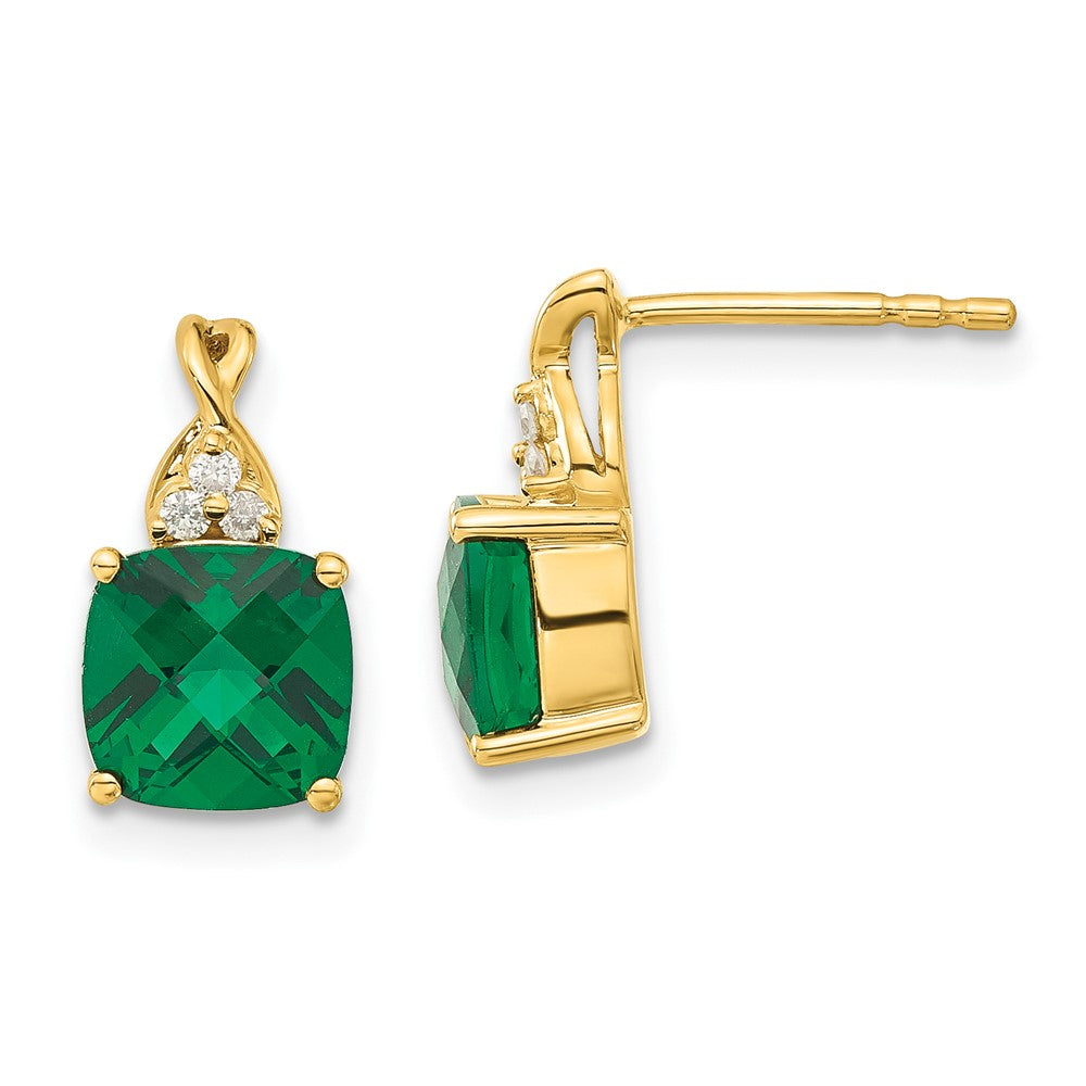 14K Yellow Gold Synthetic Checkerboard Emerald & Diamond Earrings