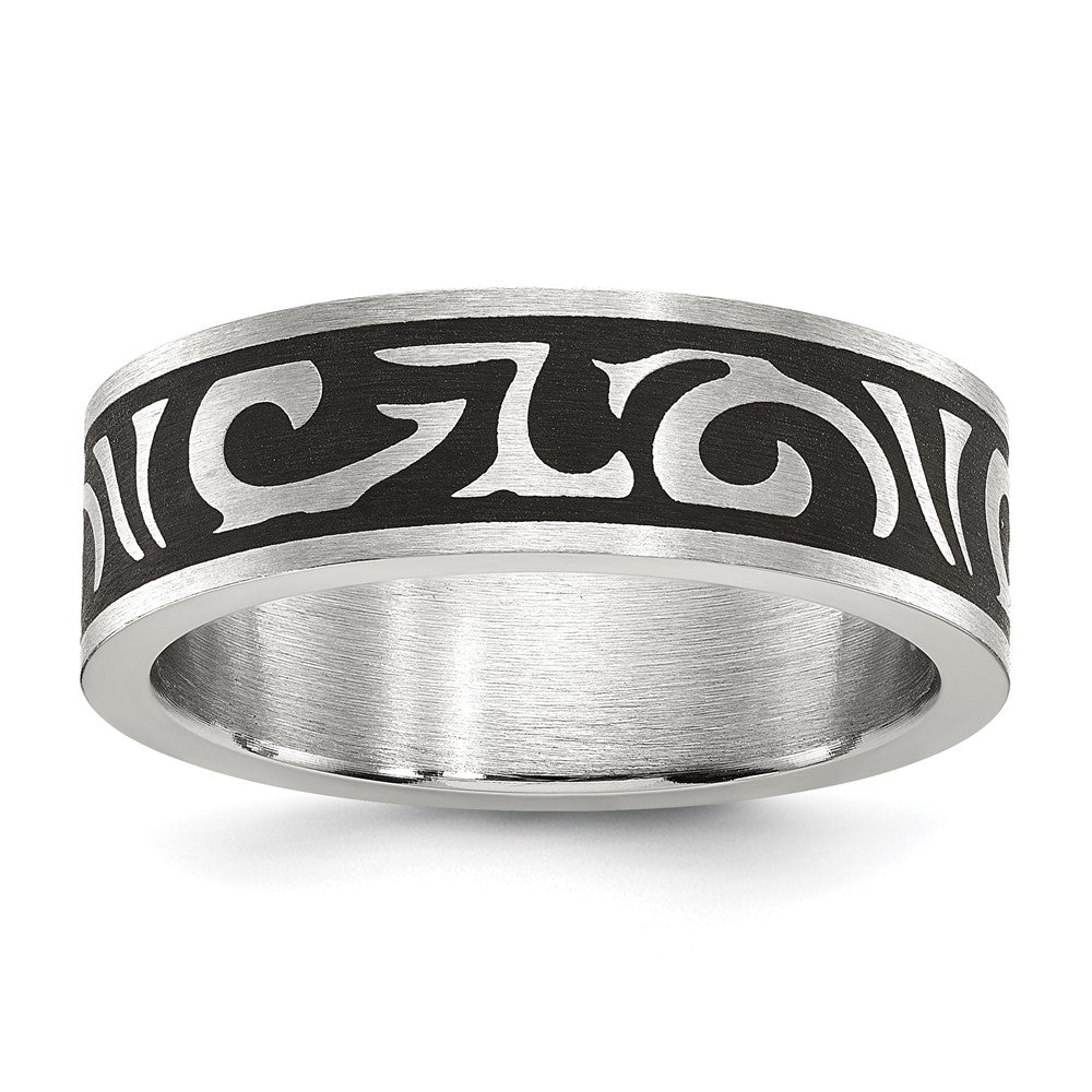 Stainless Steel Brushed Enameled Swirl Design 7mm Band Size - 9