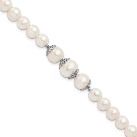 Sterling Silver Rhodium-plated 7-10mm White Near-Round Freshwater Cultured Pearl Fancy 7 inch Bracelet 7 inches