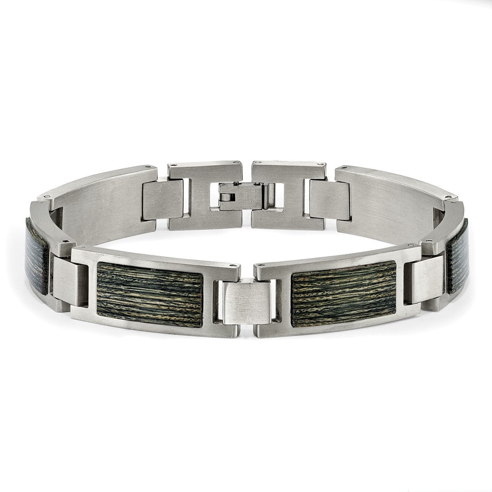 Stainless Steel Brushed with Grey Wood Inlay 8.75in Bracelet 8.75 inches